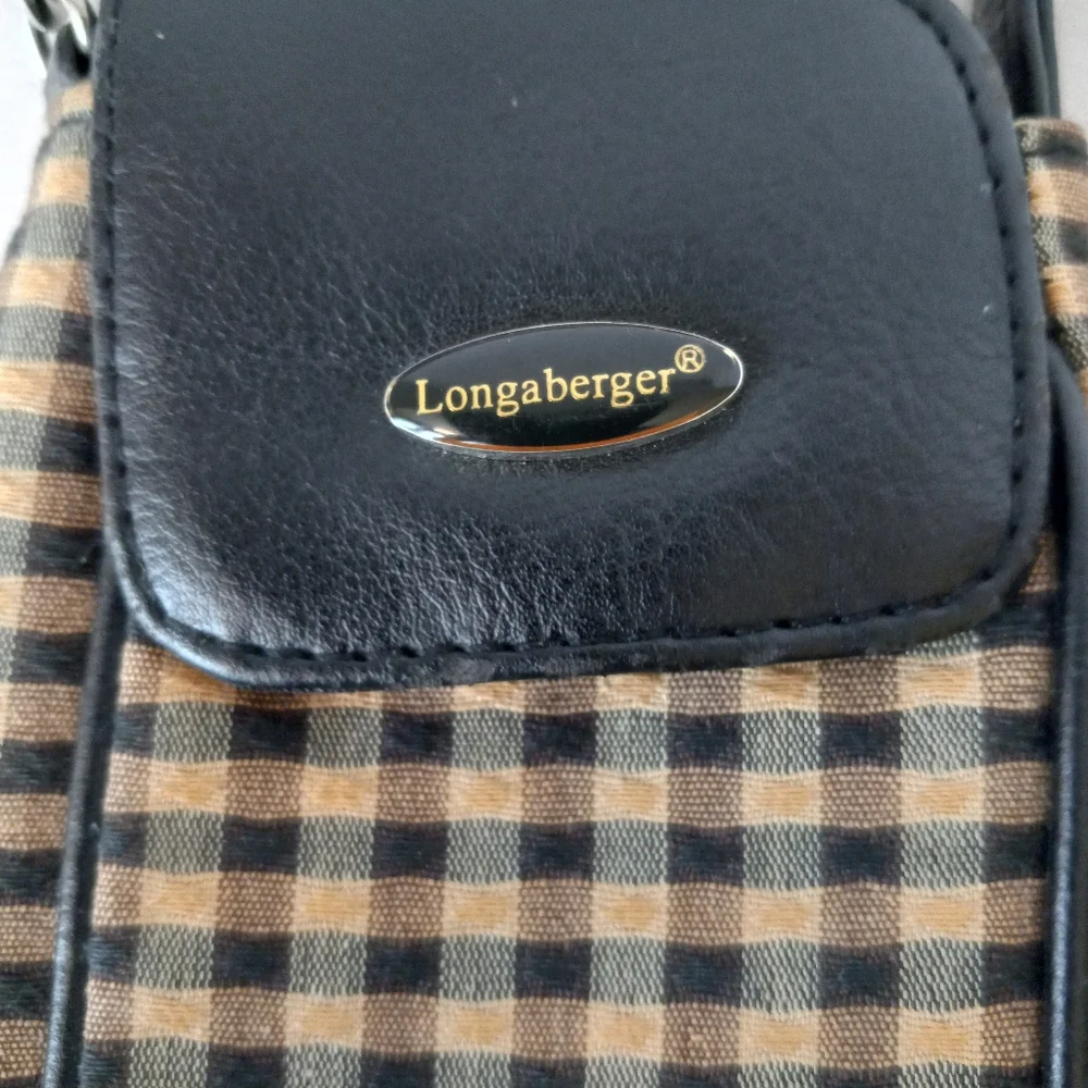 Vintage Longaberger phone holder with strap black /cream check